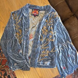 Johnny Was Blue Velvet Embroidered Open Cardigan